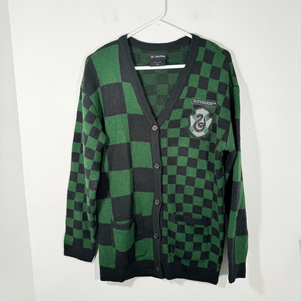 Warner Bros Harry Potter Slytherin Green Black Checkered Sweater Cardigan XS - Picture 2 of 12